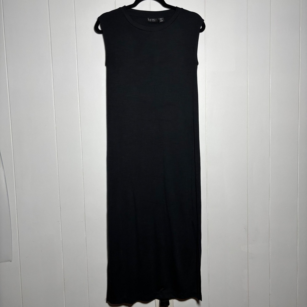 Nicole Miller XS Black Sleeveless Ribbed Modal Midi Dress Slit Casual Minimalist